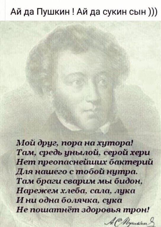 Ай да Пушкин Ай да сукин сын Ьіой друг пора на хутора Там средь унылой серой хеш Нет гшеопцснейщцх бактчшй Для нашего с тобой нутро Там браги свсфши мы бидон Нарежем хлеба салц лука И ни один болячки сука Не пошатнёт здоровья трон и72