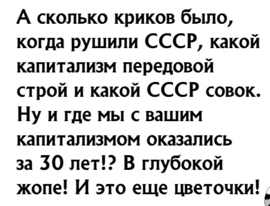 А сколько криков было когда рушипи СССР какой капитализм передовой строй и какой СССР совок Ну и где мы с вашим капитализмом оказались за 30 лет В глубокой жопе И это еще цветочки _