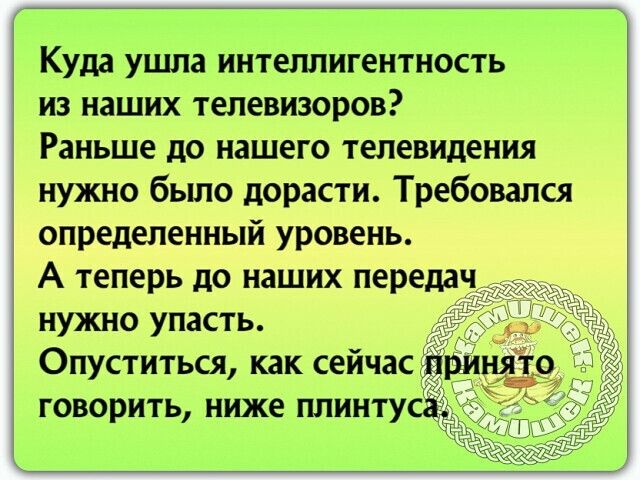 Куда ушла интеллигентность из наших телевизоров Раньше до нашего телевидения нужно было дорасти Требовался определенный уровень А теперь до наших передач нужно упасть Опуститься как сейчас говорить ниже плинту видит