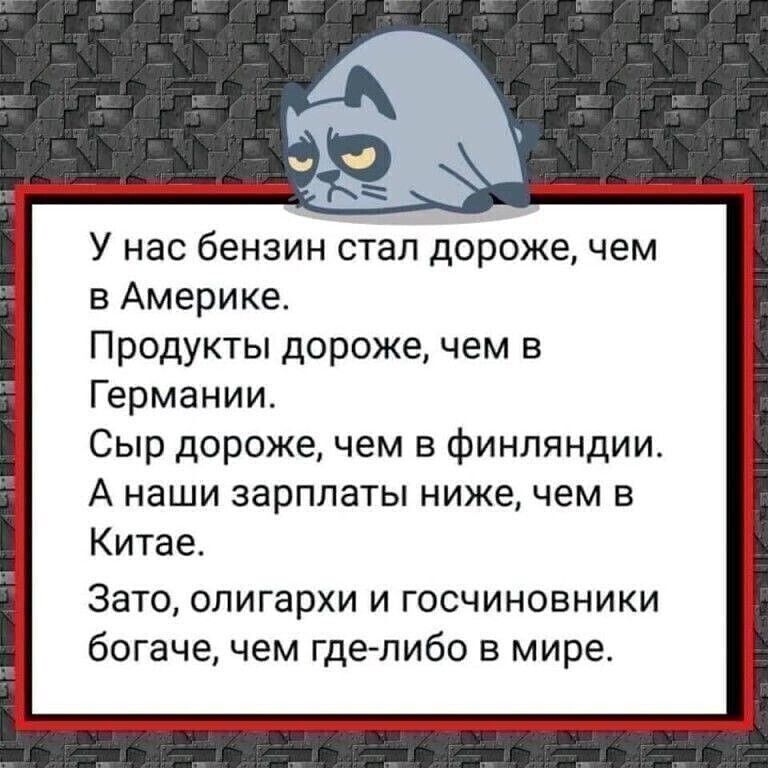 У нас бензин стал дороже чем в Америке Продукты дороже чем в Германии Сыр дороже чем в финляндии А наши зарплаты ниже чем в Китае Зато олигархи и госчиновники богаче чем гделибо в мире