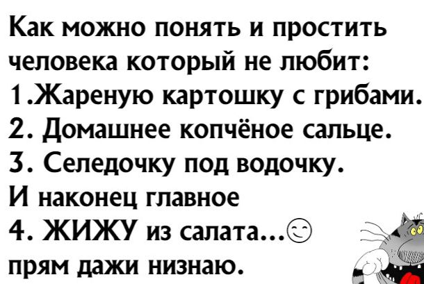 Как можно понять и простить человека который не любит 1Жареную картошку с грибами 2 Домашнее копчёное сапьце 3 Сепедочку под водочку И наконец главное 4 ЖИЖУ из салата прям дажи низнаю