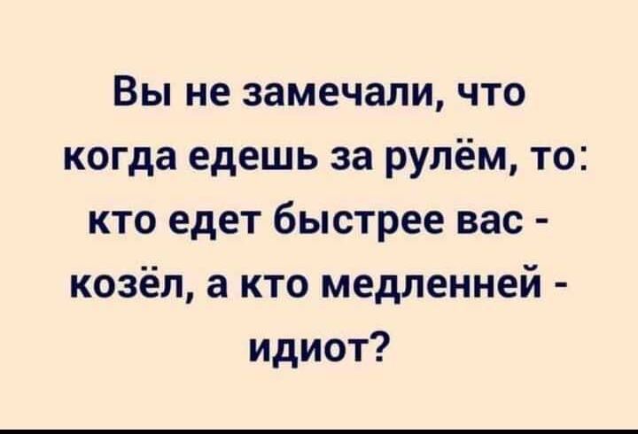 Вы не замечали что когда едешь за рулём то кто едет быстрее вас козёл а кто медленней идиот