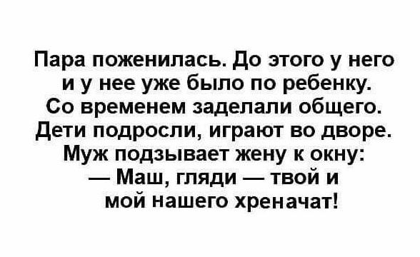Пара поженилась до этого у него и у нее уже было по ребенку Со временем задепапи общего дети подросли играют во дворе Муж подзывает жену к окну Маш гляди твой и мой нашего хреначат