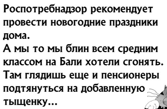 Роспотребнадзор рекомендует провести новогодние праздники дома А мы то мы блин всем средним классом на Бали хотели сгонять Там глядишь еще и пенсионеры подтянуться на добавленную ТЫЩЕНКУ _