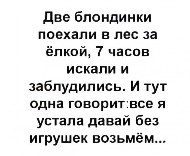 Две блондинки поехали в лес за ёлкой 7 часов искали и заблудились И тут одна говоритвсе я устала давай без игрушек возьмём
