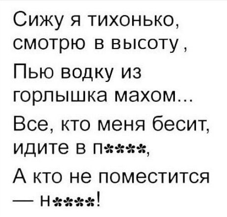 Сижу я тихонько смотрю в высоту Пью водку из горлышка махом Все кто меня бесит идите в п зм з А кто не поместится Н г