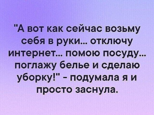А вот как сейчас возьму себя в руки отключу интернет помою посуду поглажу белье и сделаю уборку подумала я и просто заснула