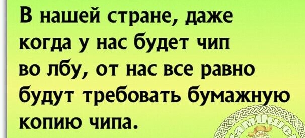 В нашей стране даже когда у нас будет чип во лбу от нас все равно будут требовать бумажную КОПИЮ ЧИПЗ