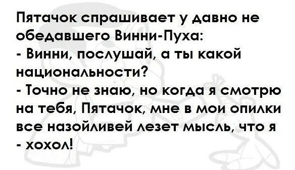 Пятачок спрашивает у давно не обедавшего Винни Пуха Винни пооушай а ты какой национаАьности Точно не знаю но когда я смотрю на тебя Пятачок мне в мои ОПИАКИ все назойАивей Аезет мысь что я хохоА