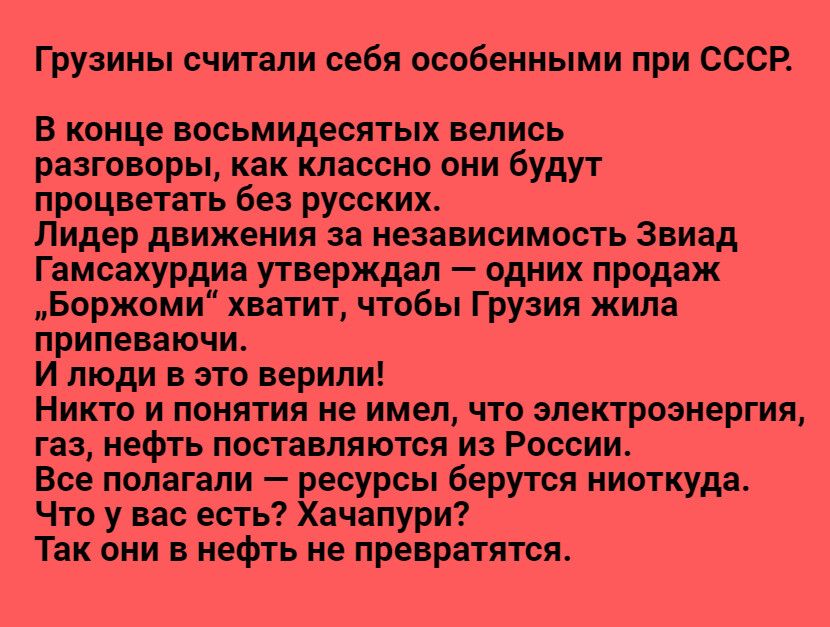 Грузины считали себя особенными при СССР В конце восьмидесятых велись разговоры как классно они будут процветать без русских Лидер движения за независимость Звиад Гамсахурдиа утверждал одних продаж Боржоми хватит чтобы Грузия жила припеваючи И люди в это верили Никто и понятия не имел что электроэнергия газ нефть поставляются из России Все полагали ресурсы берутся ниоткуда Что у вас есть Хачапури 