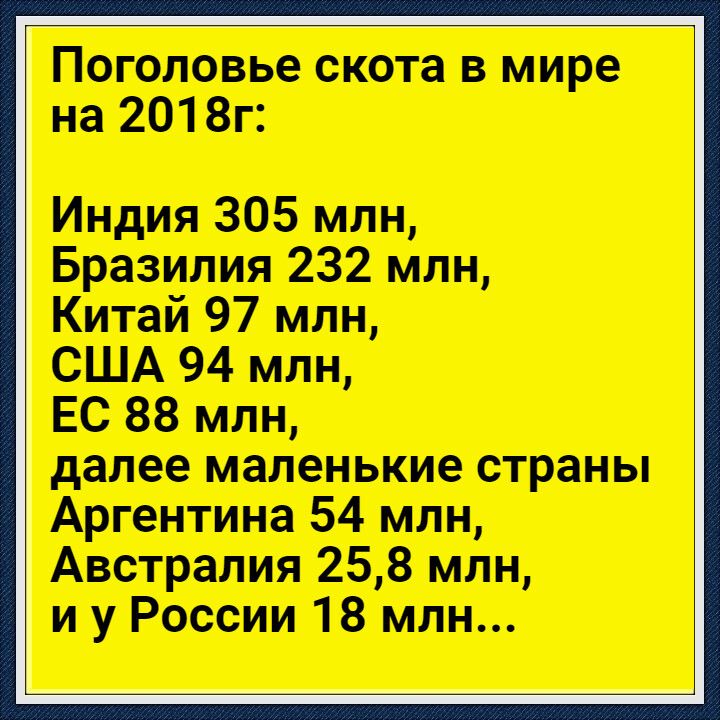 Поголовье скота в мире на 2018г Индия 305 млн Бразилия 232 млн Китай 97 млн США 94 млн ЕС 88 млн далее маленькие страны Аргентина 54 млн Австралия 258 млн и у России 18 млн