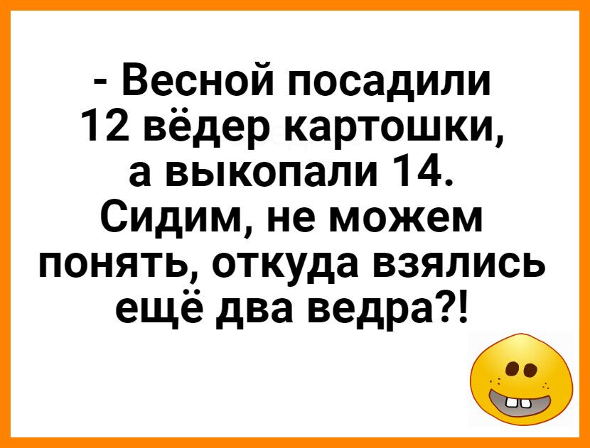 Весной посадили 12 вёдер картошки а выкопали 14 Сидим не можем понять откуда взялись еще два ведра