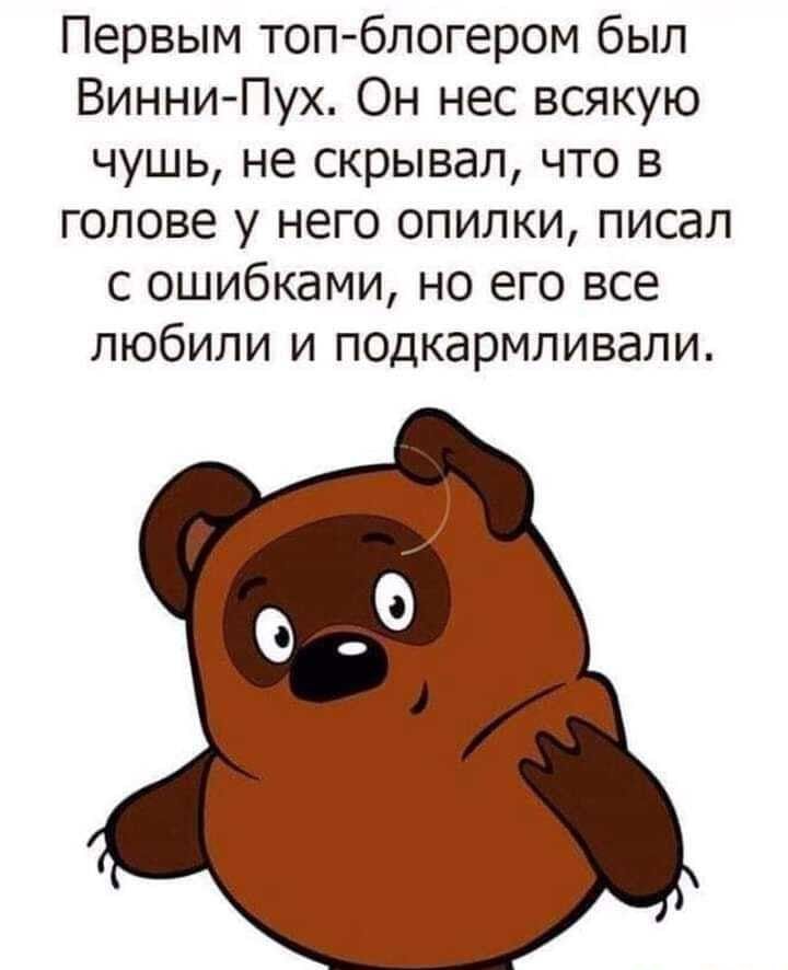 Первым топ блогером был Винни Пух Он нес всякую чушь не скрывал что в голове у него опилки писал с ошибками но его все любили и подкармливали