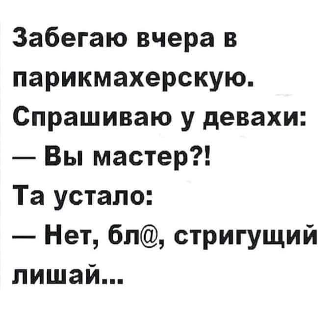 Забегаю вчера в парикмахерскую Спрашиваю у девахи Вы мастер Та устало Нет бл стригущий лишай