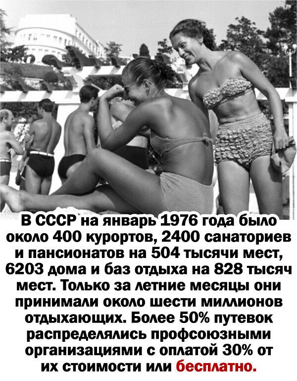 В ССОРна январь 1976 да бЫю окоАо 400 курортов 2400 санаториев и пансионатов на 504 тысячи мест 6203 дома и баз отдыха на 828 тысяч мест Только за летние месяцы они принимали около шести мимионов отдыхающих Более 50 путевок распреАеАядись профсоюзными организациями с оплатой 30 от их стоимости или и