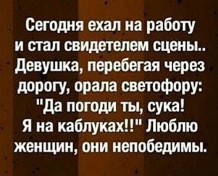 Сегодня ехал на работу и стал свидетелем сцены девушка перебегая через дорогу орала светофору да погоди ты сука я на каблуках Люблю женщин они непобедимы