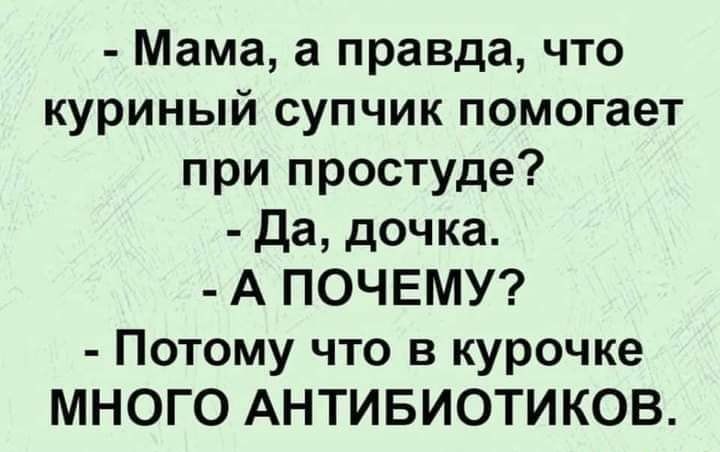 Мама а правда что куриный супчик помогает при простуде да дочка А ПОЧЕМУ Потому что в курочке МНОГО АНТИБИОТИКОВ