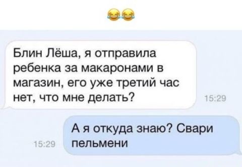 Блин Лёша я отправила ребенка за макаронами в магазин его уже третий час нет что мне делать А я откуда знаю Свари пельмени