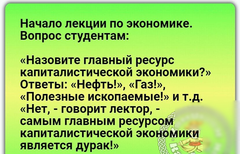 Начало лекции по экономике Вопрос студентам Назовите главный ресурс капиталистической экономики Ответы Нефть Газ Полезные ископаемые и тд Нет говорит лектор самым главным ресурсом капиталистической экономики является дурак
