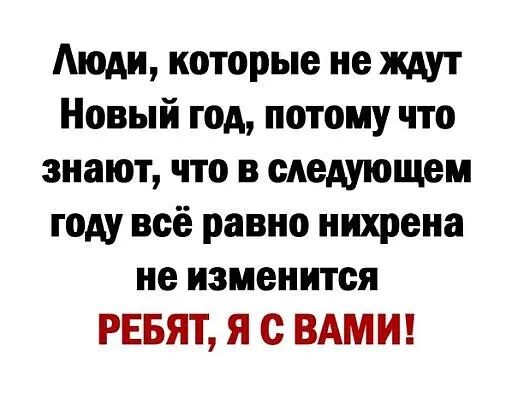 Аюди которые не ждут Новый год потому что знают что в следующем году всё равно нихрена не изменится РЕБЯТ я с ВАМИ