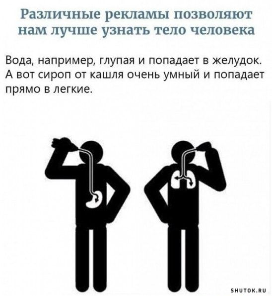Различные рекламы ПОЗВОЛЯЮТ НЕМ ЛУЧШЕ УЗНЗТЬ тело человека Вода например глупая и попадает в желудок А ВОТ СИрОП ОТ КЭШЛЯ ОЧЕНЬ УМНЫЙ И попадает прямо в легкие виш тим