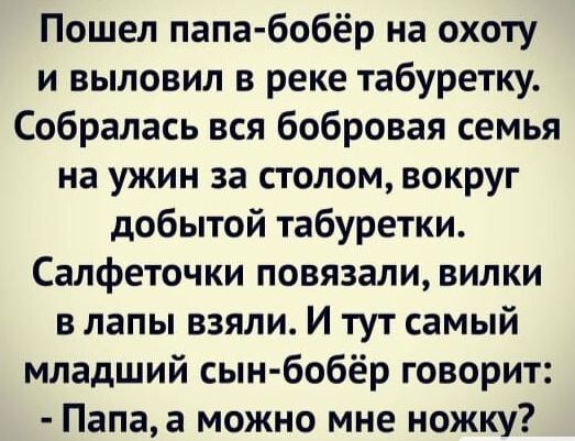 Пошел папа бобёр на охоту и выловил в реке табуретку Собралась вся бобровая семья на ужин за столом вокруг добытой табуретки Салфеточки повязали вилки в лапы взяли И тут самый младший сын бобёр говорит Папаа можно мне ножку