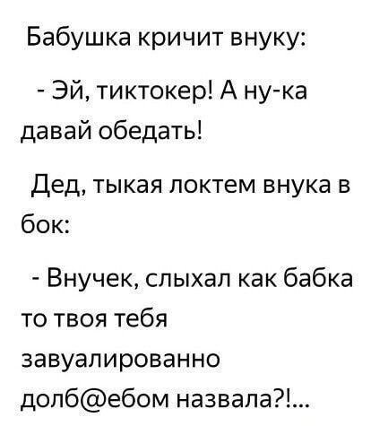 Бабушка кричит внуку Эй тиктокер А ну ка давай обедать дед тыкая локтем внука в бок Внучек слыхал как бабка то твоя тебя завуалированно долбебом назвала