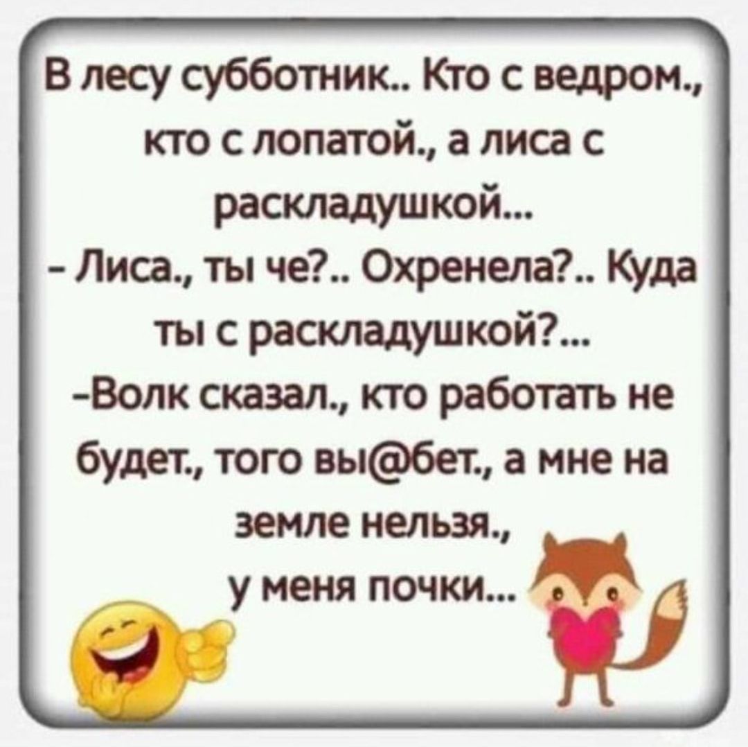 В лесу субботник Кто с ведром кто с лопатой а лиса с раскладушкой Лиса ты че Охренела Куда ты с раскладушкой Волк сказал кто работать не будет того выбет а мне на земле нельзя у меня почки