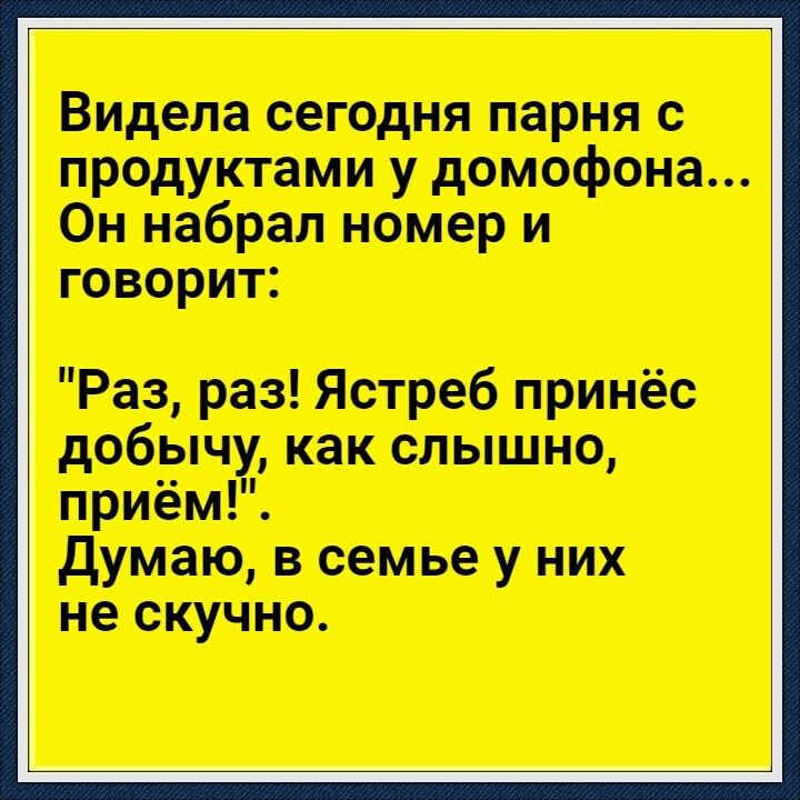 Видела сегОдня парня с продуктами у домофона Он набрал номер и говорит Раз раз Ястреб принёс добыч как слышно приём думаю в семье у них не скучно