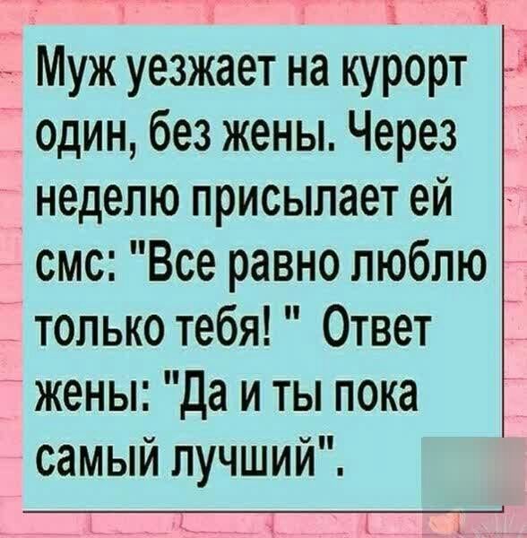 3 т Муж уезжает на курорт один без жены Через неделю присылает ей смс Все равно люблю __ Ё только тебя Ответ жены да и ты пока самый лучший ___ь___