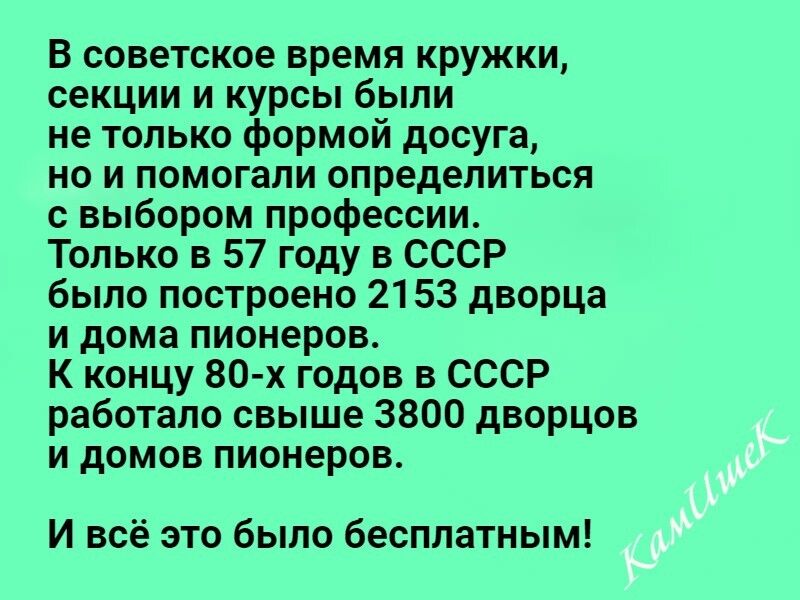 В советское время кружки секции и курсы были не только формой досуга но и помогали определиться с выбором профессии Только в 57 году в СССР было построено 2153 дворца и дома пионеров К концу 80 х годов в СССР работало свыше 3800 дворцов и домов пионеров И всё это было бесплатным