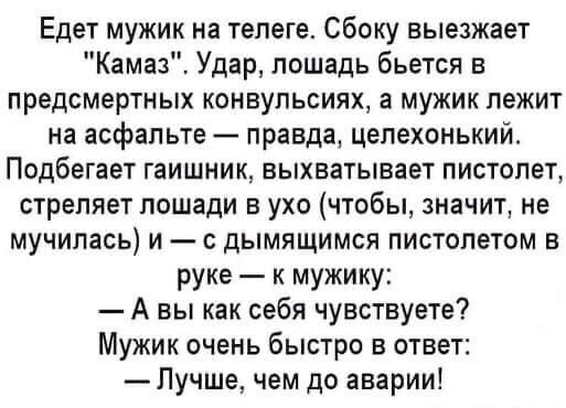 Едет мужик на телеге Сбоку выезжает Камаз Удар лошадь бьется в предсмертных конвульсиях а мужик лежит на асфальте правда целехонький Подбегает гаишник выхватывает пистолет стреляет лошади в ухо чтобы значит не мучилась и с дымящимся пистолетом в руке к мужику А вы как себя чувствуете Мужик очень быстро в ответ Лучше чем до аварии
