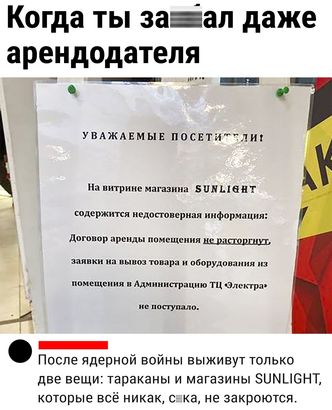 Когда ты зааал даже арендодателя _ УВАЖАЕМЫЕ ПОСЕТИТИ На витрине магазина 5 116 и Т содержится недостоверная информация договор аренды помещения заявки на вывоз товара и оборудования из помещения в Администрацию ТЦ Электра не ПОЩПЗЛО После ядерной войны выживут только две вещи тараканы и магазины ЗЦМЦБНТ которые всё никак с ка не закроются