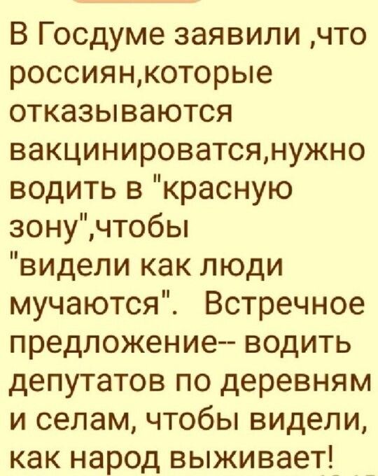 В Госдуме заявили что россиянкоторые отказываются вакцинироватсянужно водить в красную зонучтобы видели как люди мучаются Встречное предложение водить депутатов по деревням и селам чтобы видели как народ выживает_