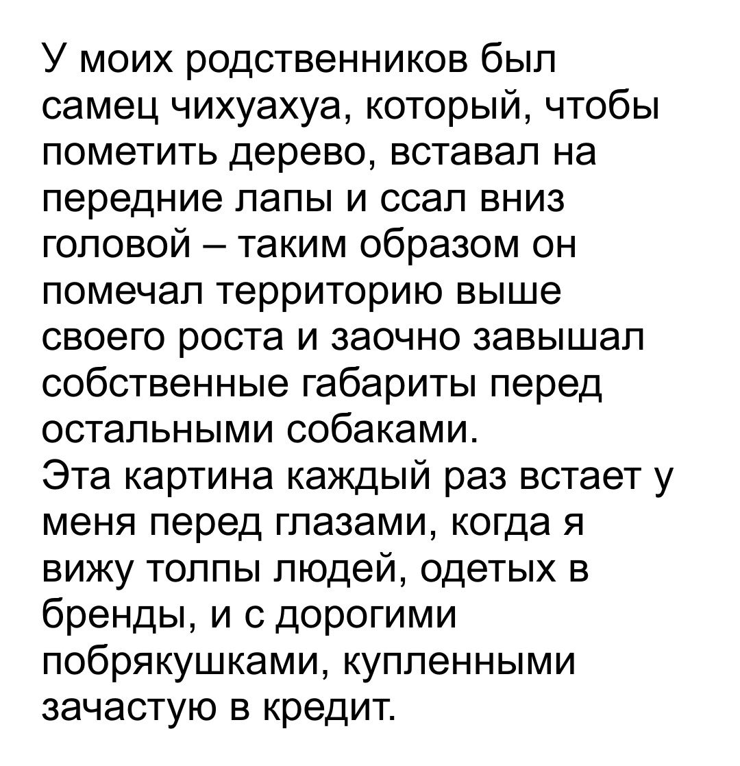 У моих родственников был самец чихуахуа который чтобы пометить дерево вставал на передние лапы и ссап вниз головой таким образом он помечал территорию выше своего роста и заочно завышап собственные габариты перед остальными собаками Эта картина каждый раз встает у меня перед глазами когда я вижу толпы людей одетых в бренды и с дорогими побрякушками купленными зачастую в кредит