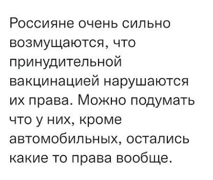 Россияне очень сильно возмущаются что принудительной вакцинацией нарушаются их права Можно подумать что у них кроме автомобильных остались какие то права вообще