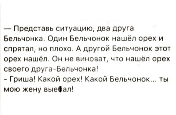 Представь ситуацию два друга Бельчонка Один Бельчонок нашёл орех и спрятал но плохо А другой Бельчонок этот орех нашёл Он не виноват что нашёл орех своего друга Бельчонка Гриша Какой орех Какой Бельчонок ты мою жену выебал