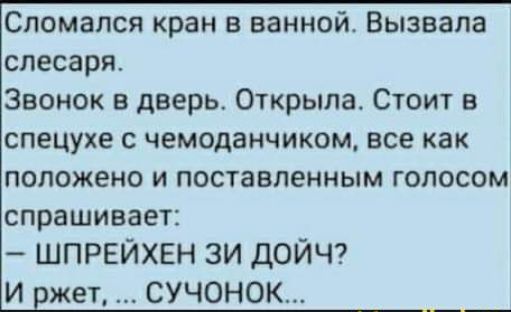 Сломался кран в ванной Вызвала слесаря Звонок в дверь Открыла Стоит в спецухе с чемоданчиком все как положено и поставленным голосом спрашивает ШПРЕЙХЕН ЗИ ДОЙЧ И ржет СУЧОНОК