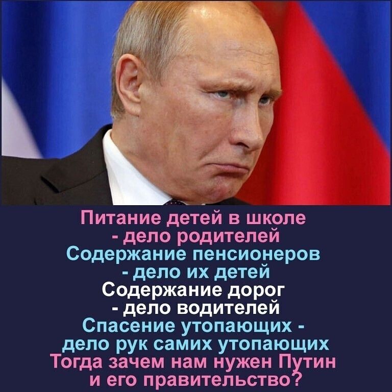 Питание детей в школе дело родителей Содержание пенсионеров дело их детей Содержание дорог дело водителей Спасение утопающих дело рук самих утопающих Тогда зачем нам нужен Путин и его правительство