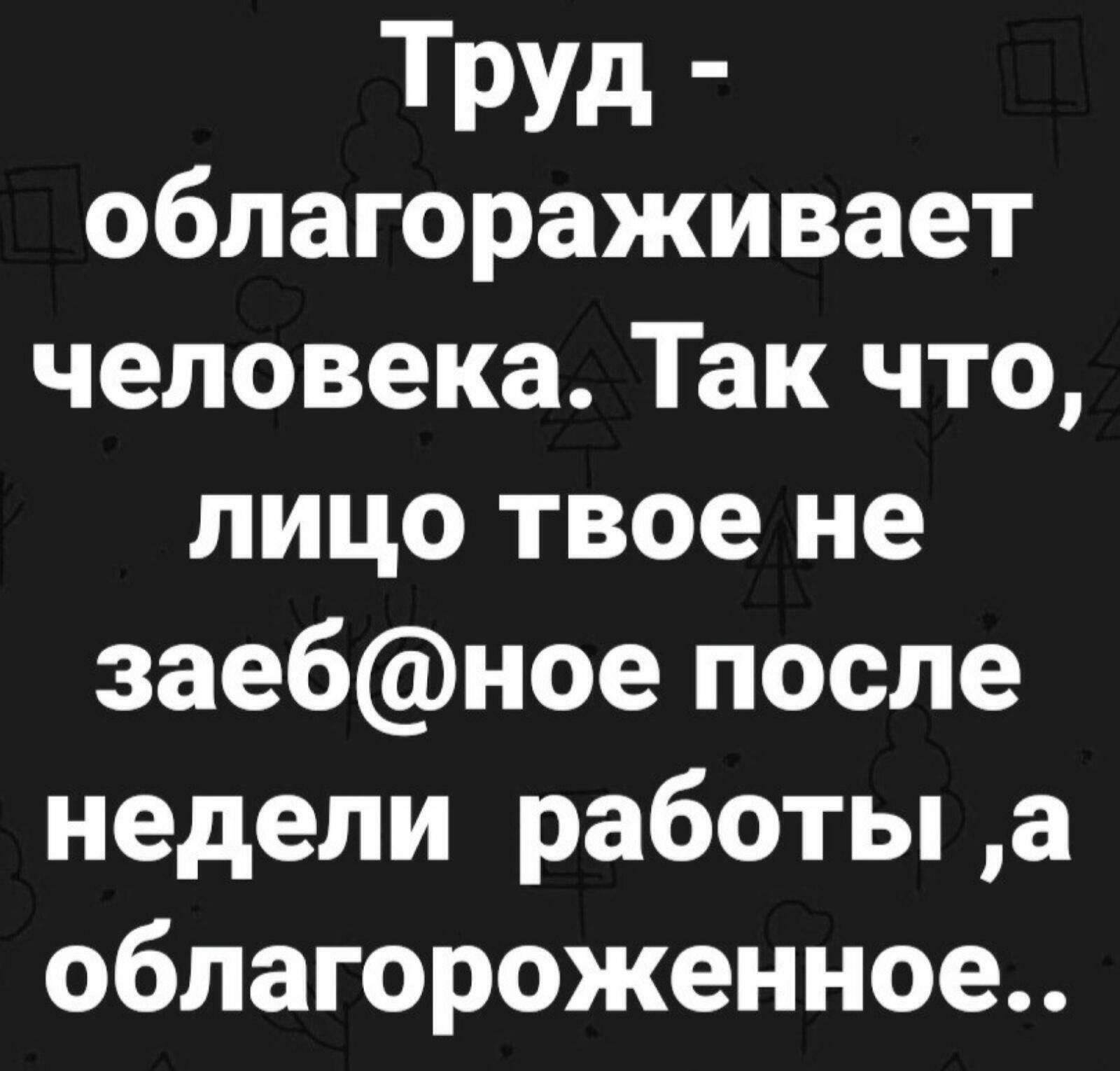 ТРУД облагораживает человека Так что лицо твое не заебное после недели работы а облагороженное