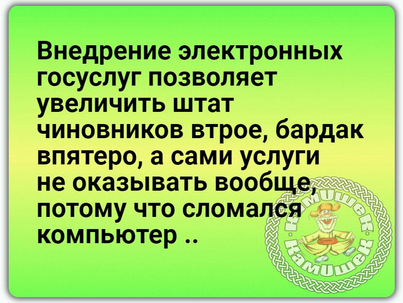 Внедрение электронных госуслуг позволяет увеличить штат чиновников втрое бардак впятеро а сами услуги не оказывать вообще потому что сломался компьютер