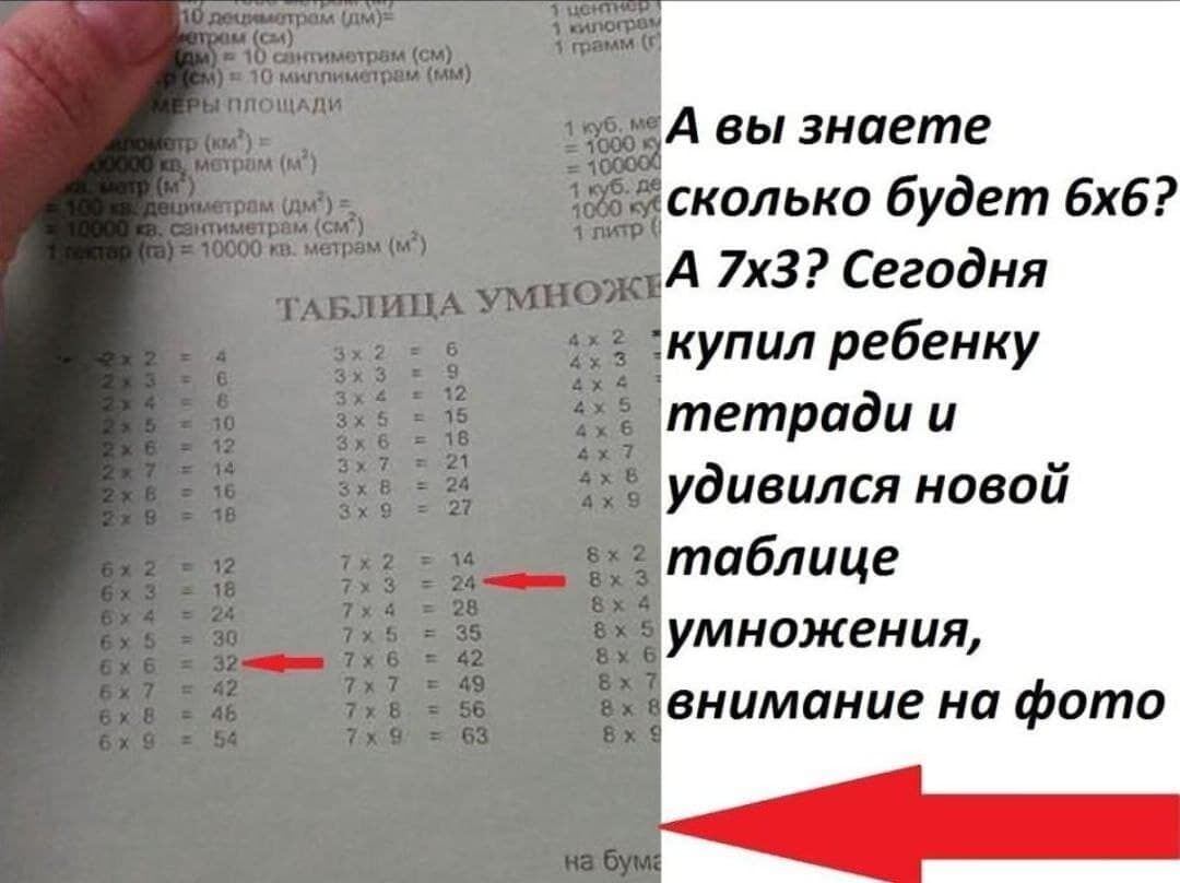 _ А вы знаете сколько будет 6х6 А 7х3 Сегодня купил ребенку тетради и удивился новой таблице умножения внимание на фото