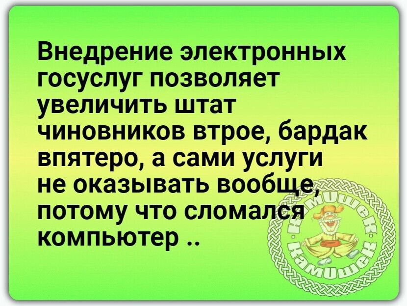 Внедрение электронных госуслуг позволяет увеличить штат чиновников втрое бардак впятеро а сами услуги не оказывать вообще потому что сломался компьютер