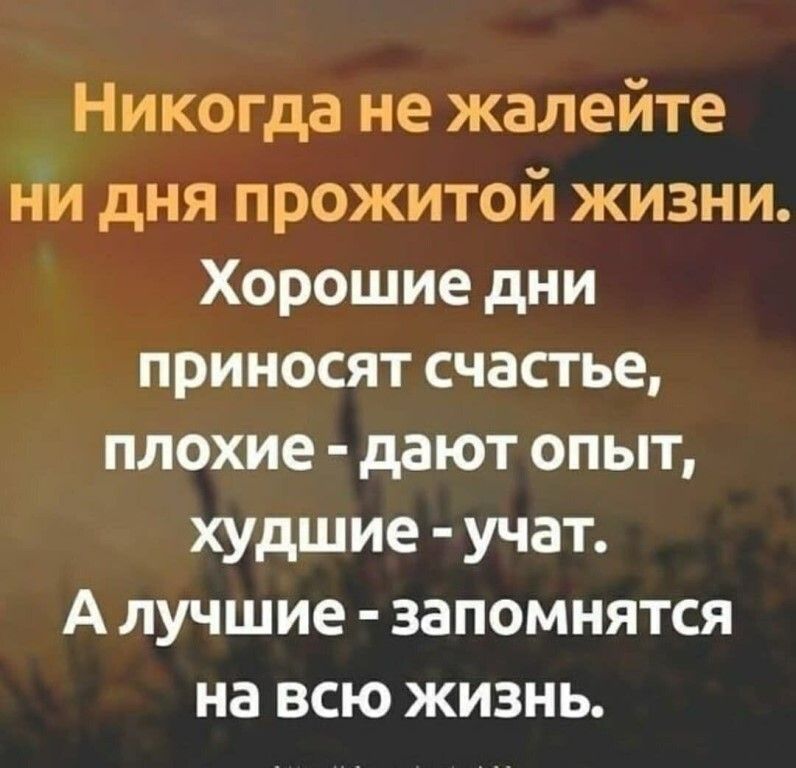 Никогда не жалейте ни дня прожитой жизни Хорошие дни приносят счастье плохие дают опыт худшие учат А лучшие запомнятся на всю жизнь