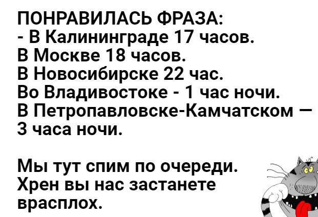 ПОНРАВИЛАСЬ ФРАЗА В Калининграде 17 часов В Москве 18 часов В Новосибирске 22 час Во Владивостоке 1 час ночи В Петропавловске Камчатском 3 часа ночи Мы тут спим по очереди Хрен вы нас застанете врасплох