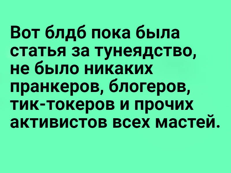 Вот блдб пока была статья за тунеядство не было никаких пранкеров блогеров тик токеров и прочих активистов всех мастей