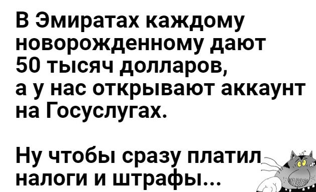 В Эмиратах каждому новорожденному дают 50 тысяч долларов а у нас открывают аккаунт на Госуслугах Ну чтобы сразу платил налоги и штрафы