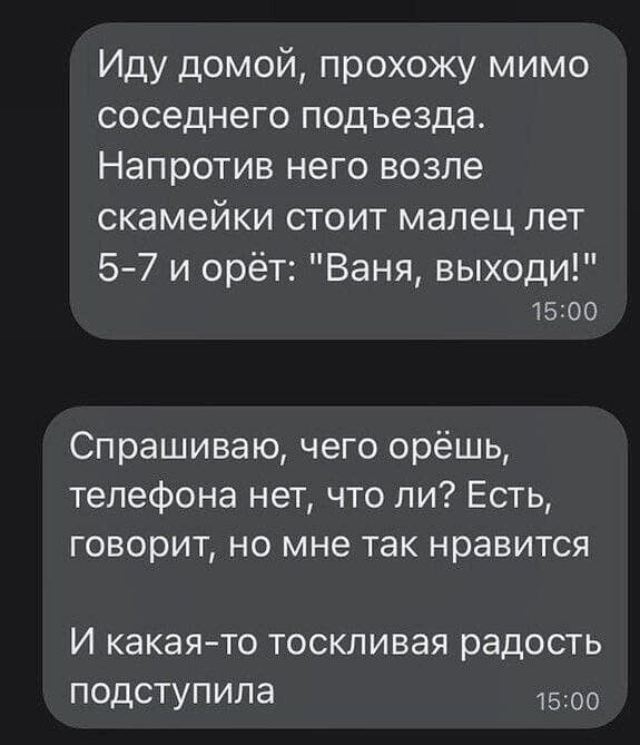 Иду домой прохожу мимо соседнего подъезда Напротив него возле скамейки стоит малец лет 57 и орёт Ваня выходи 15100 Спрашиваю чего орёшь телефона нет что ли Есть говорит но мне так нравится И какаято тоскливая радость подступила