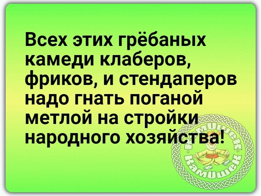Всех этих грёбаных камеди клаберов фриков и стендаперов надо гнать поганой метлой на стройки народного хозяиства