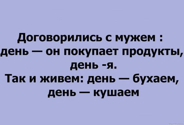 договорились с мужем день он покупает продукты день я Так и живем день бухаем день кушаем